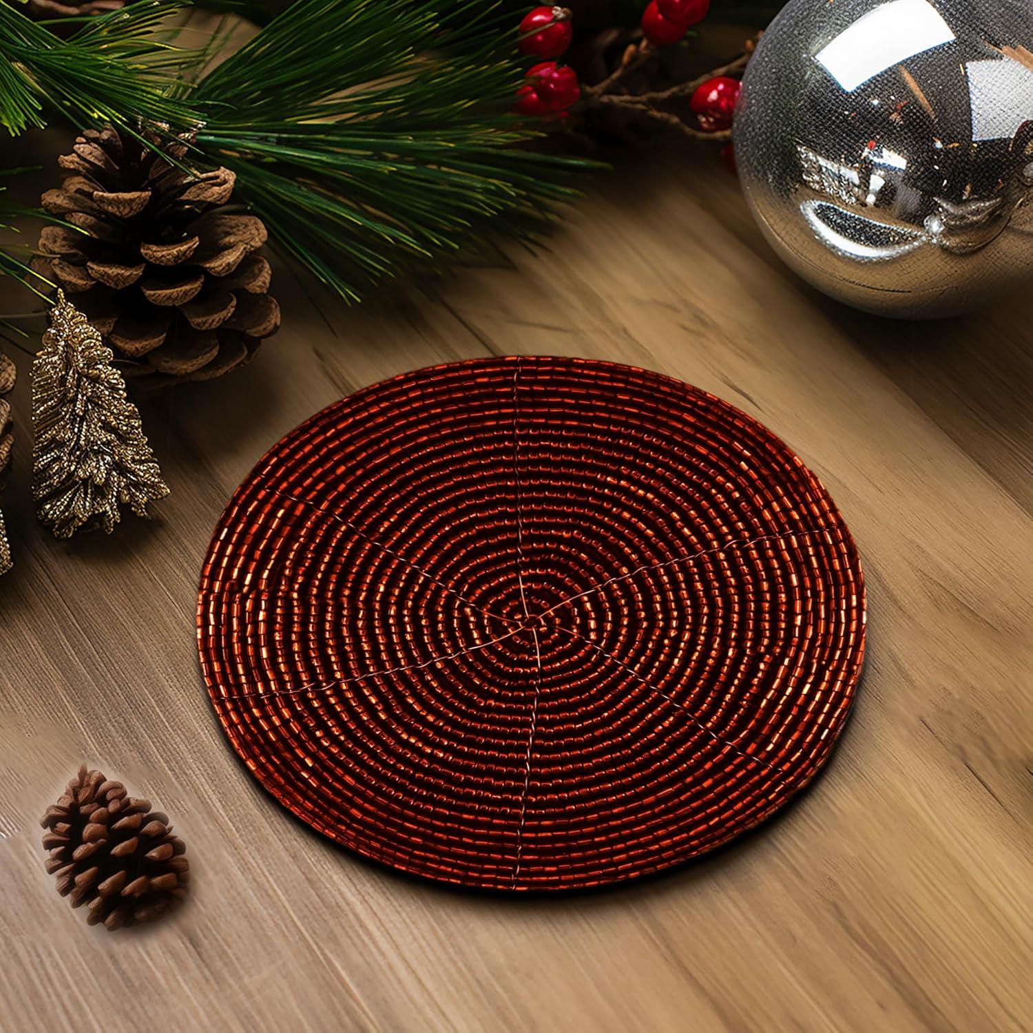 imageCOTTON CRAFT Glitz Beaded Coasters  Red Jingle Bells  Set of 8 Handmade Drinks Coasters  Bar Kitchen Party Tabletop Protection  Christmas Xmas Festive Dcor 4 inches RoundBurgundy