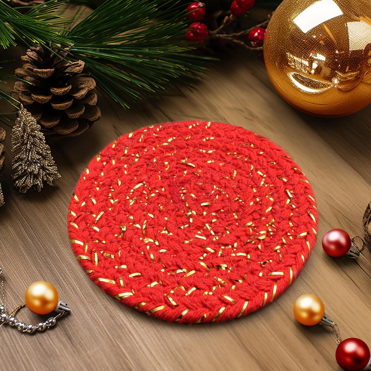 imageCOTTON CRAFT Glitz Beaded Coasters  Red Jingle Bells  Set of 8 Handmade Drinks Coasters  Bar Kitchen Party Tabletop Protection  Christmas Xmas Festive Dcor 4 inches RoundRed Gold
