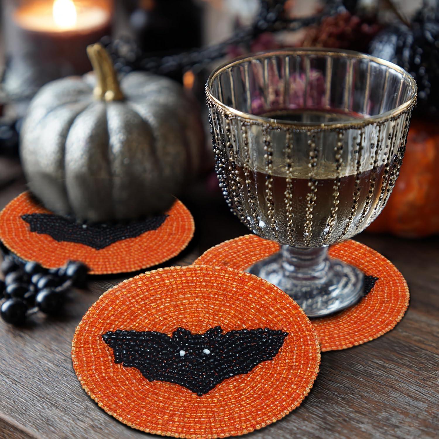 imageCOTTON CRAFT Glitz Beaded Coasters  Red Jingle Bells  Set of 8 Handmade Drinks Coasters  Bar Kitchen Party Tabletop Protection  Christmas Xmas Festive Dcor 4 inches RoundOrange Black Bat