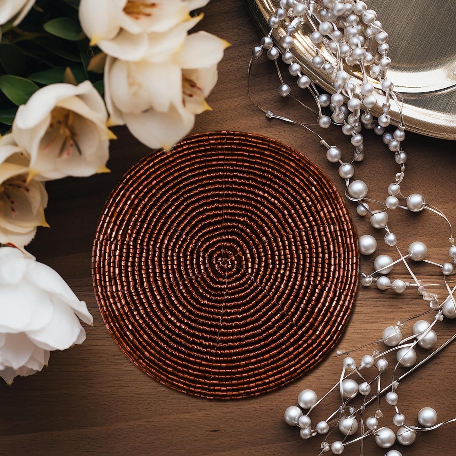 imageCOTTON CRAFT Glitz Beaded Coasters  Red Jingle Bells  Set of 8 Handmade Drinks Coasters  Bar Kitchen Party Tabletop Protection  Christmas Xmas Festive Dcor 4 inches RoundBrown