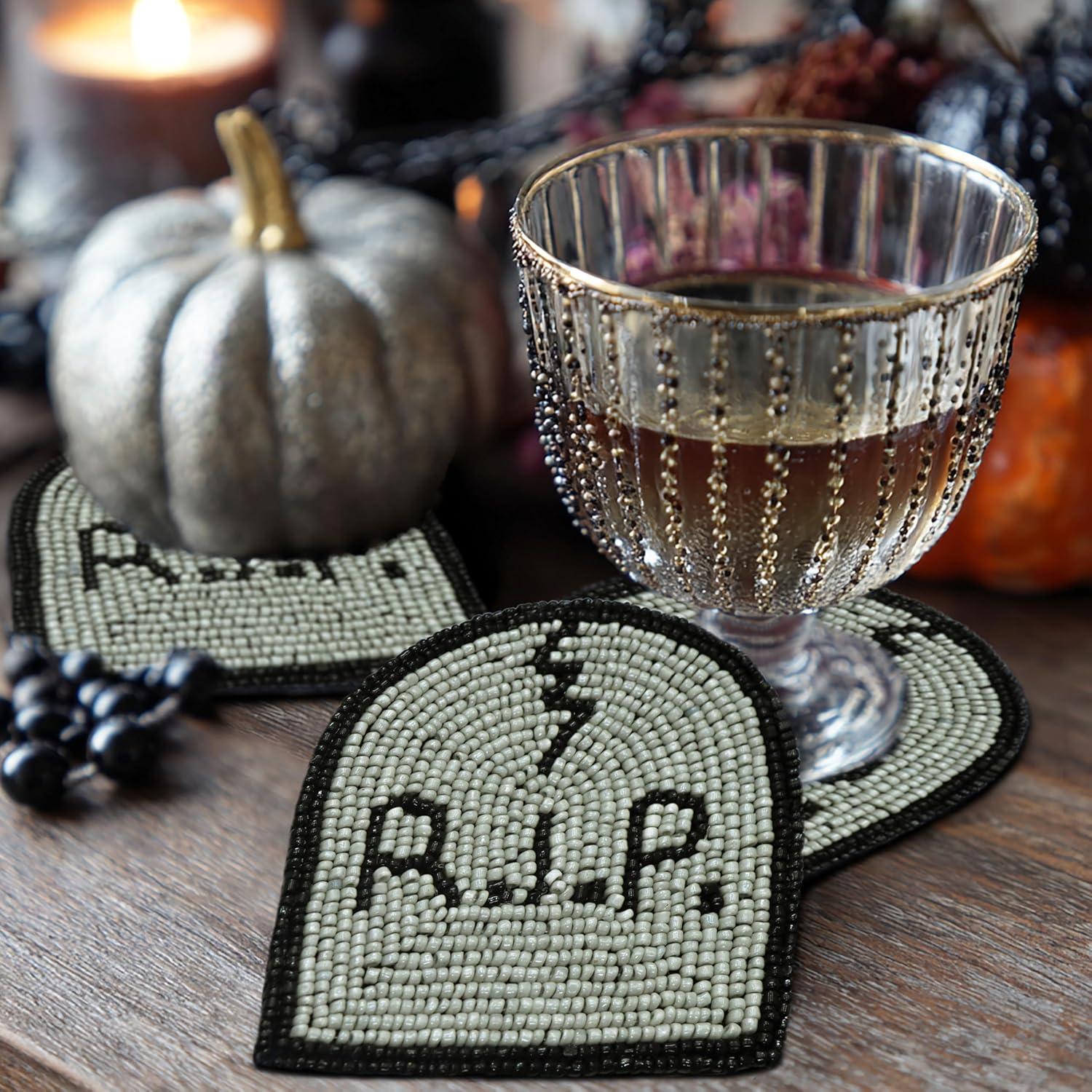 imageCOTTON CRAFT Glitz Beaded Coasters  Red Jingle Bells  Set of 8 Handmade Drinks Coasters  Bar Kitchen Party Tabletop Protection  Christmas Xmas Festive Dcor 4 inches RoundBlack Grey Rip