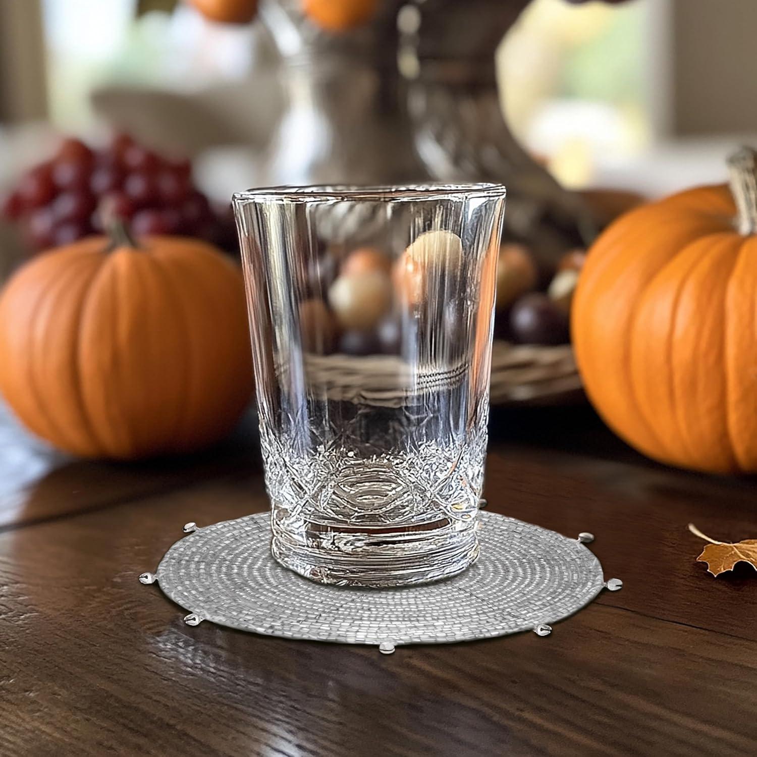 imageCOTTON CRAFT Glitz Beaded Coasters  Red Jingle Bells  Set of 8 Handmade Drinks Coasters  Bar Kitchen Party Tabletop Protection  Christmas Xmas Festive Dcor 4 inches RoundSilver Bells