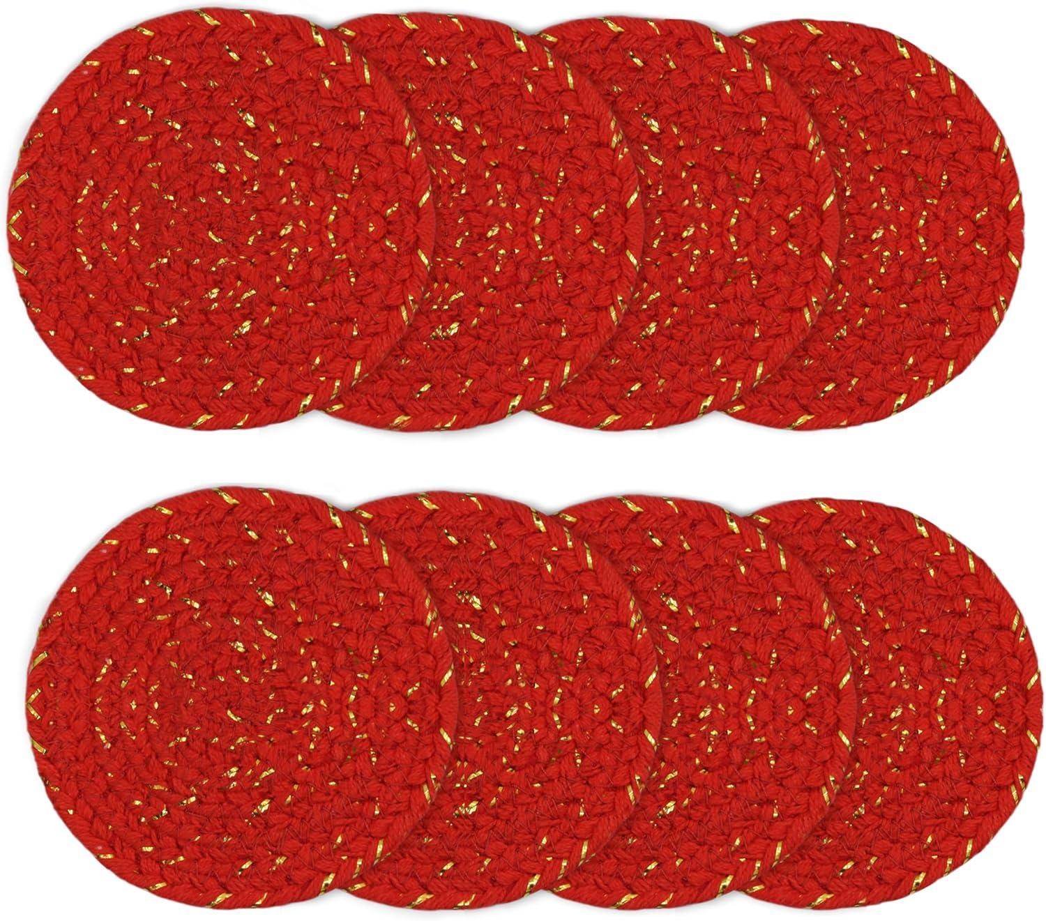 imageCOTTON CRAFT Glitz Beaded Coasters  Red Jingle Bells  Set of 8 Handmade Drinks Coasters  Bar Kitchen Party Tabletop Protection  Christmas Xmas Festive Dcor 4 inches RoundRed Gold