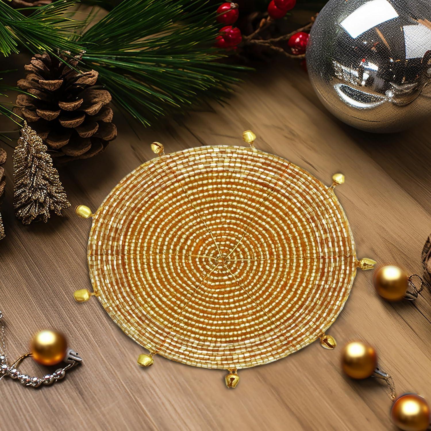 imageCOTTON CRAFT Glitz Beaded Coasters  Red Jingle Bells  Set of 8 Handmade Drinks Coasters  Bar Kitchen Party Tabletop Protection  Christmas Xmas Festive Dcor 4 inches RoundGold Bells