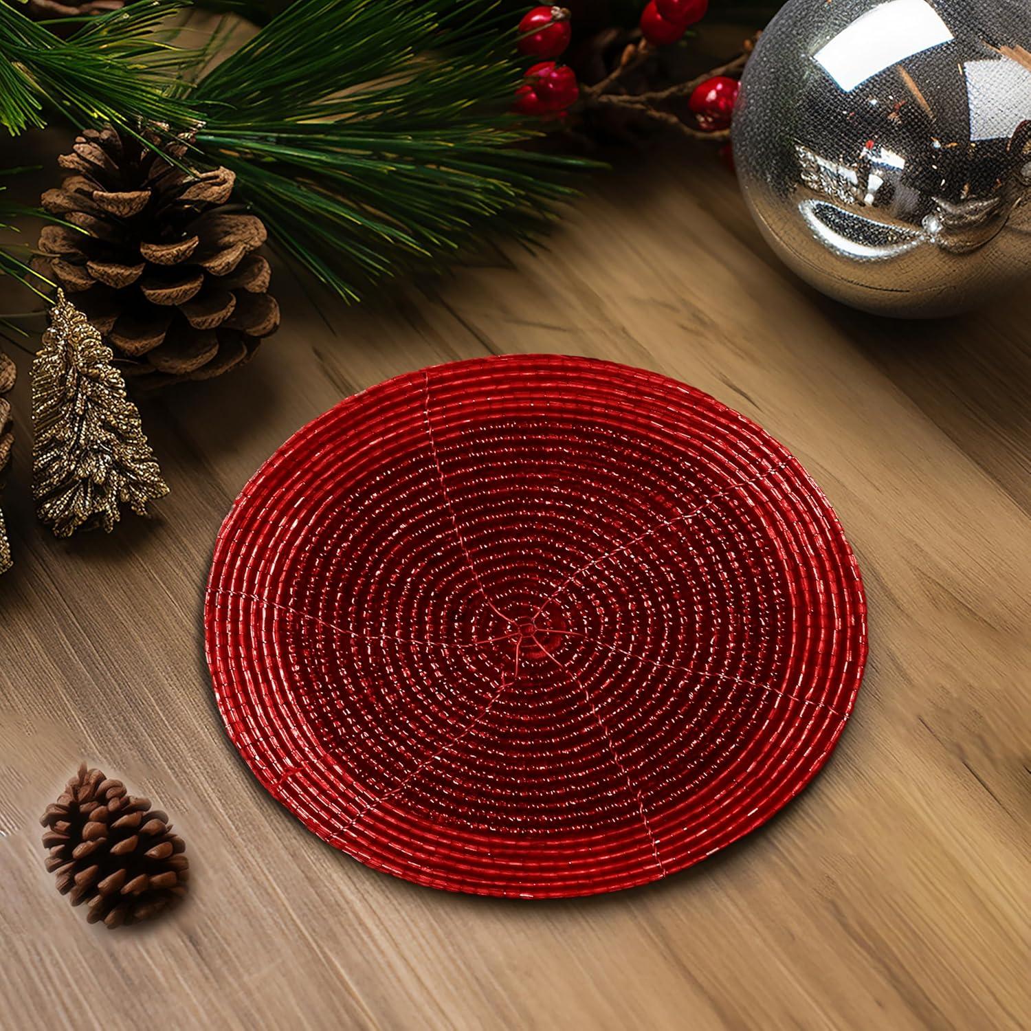 imageCOTTON CRAFT Glitz Beaded Coasters  Red Jingle Bells  Set of 8 Handmade Drinks Coasters  Bar Kitchen Party Tabletop Protection  Christmas Xmas Festive Dcor 4 inches RoundRed