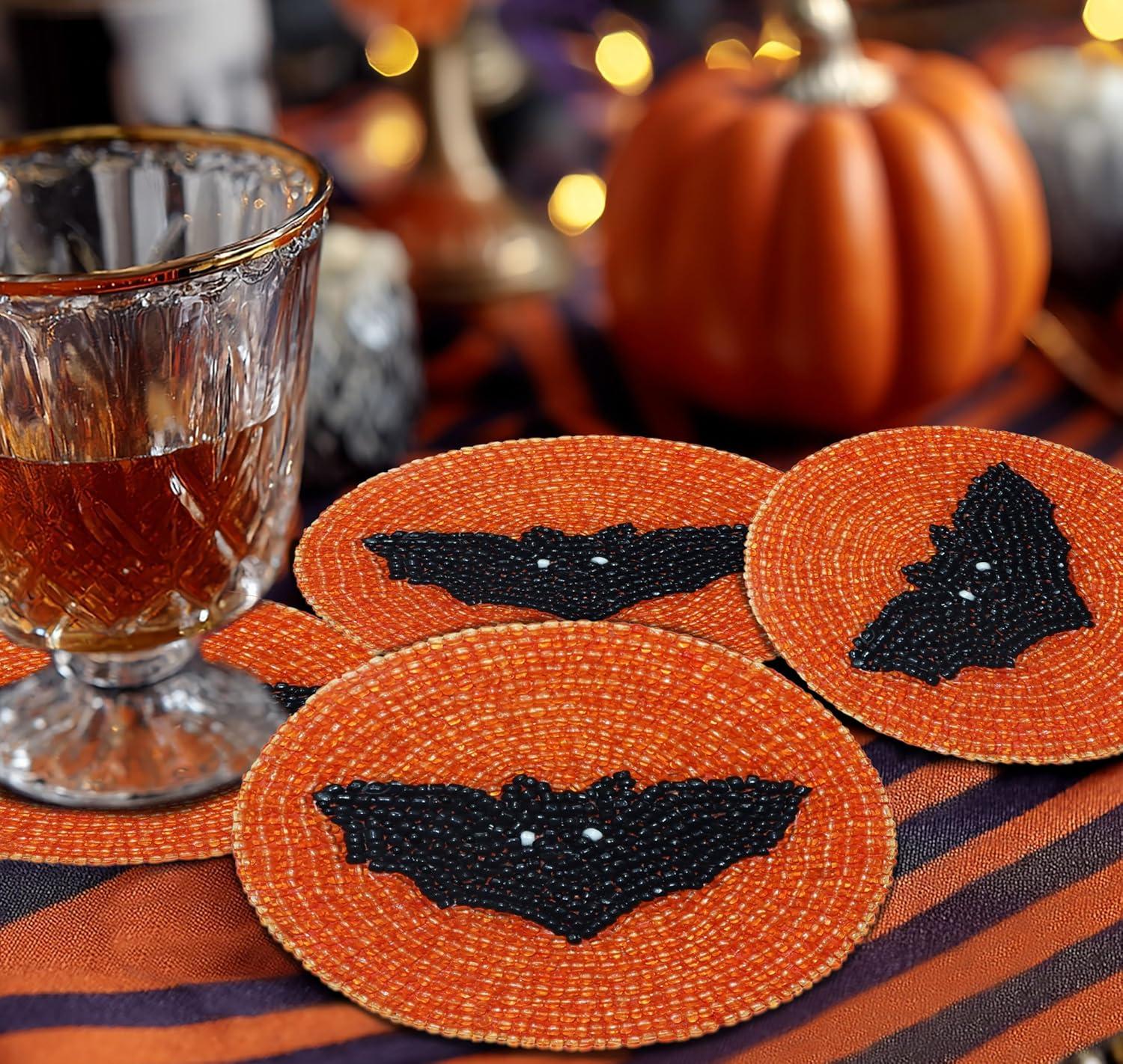 imageCOTTON CRAFT Glitz Beaded Coasters  Red Jingle Bells  Set of 8 Handmade Drinks Coasters  Bar Kitchen Party Tabletop Protection  Christmas Xmas Festive Dcor 4 inches RoundOrange Black Bat