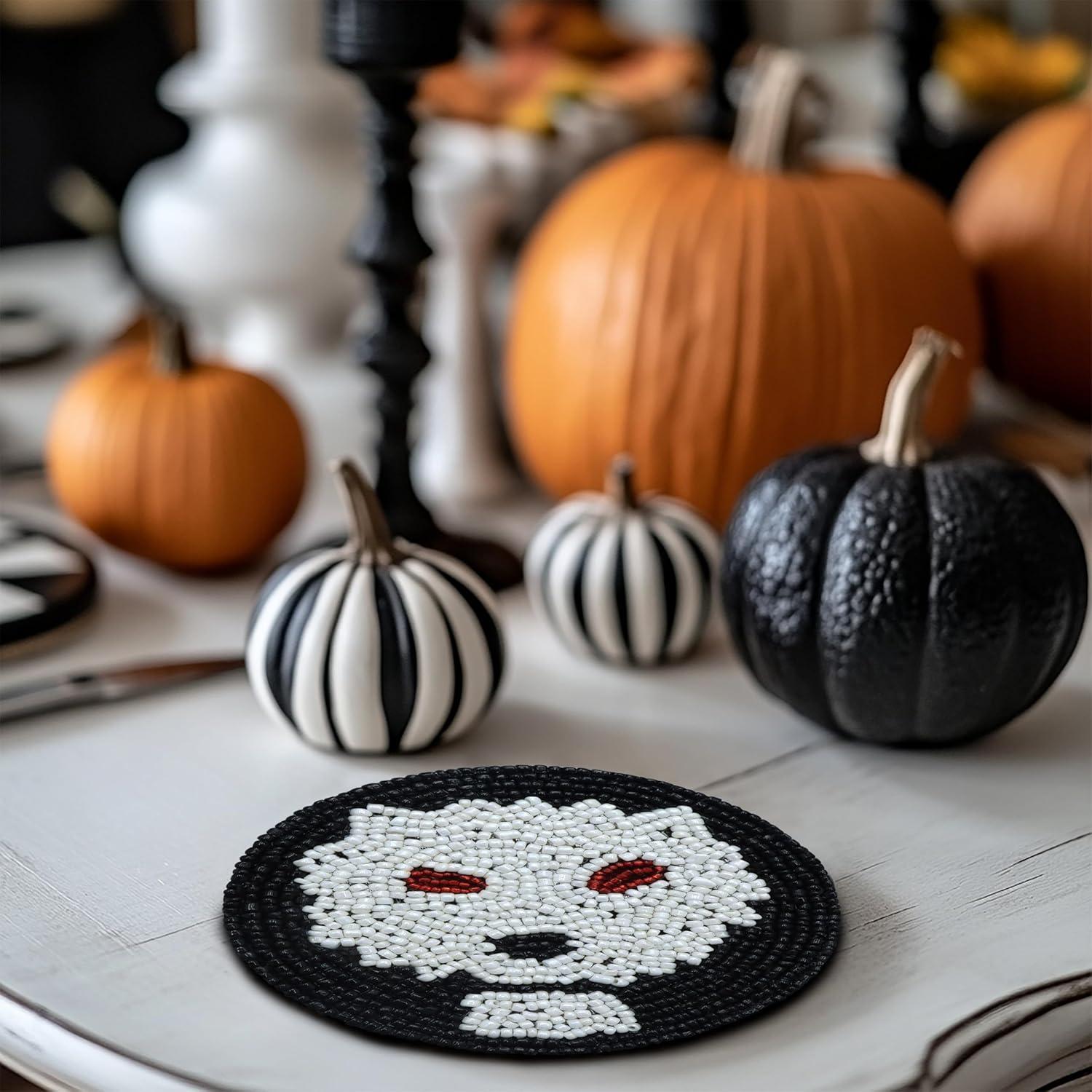 imageCOTTON CRAFT Glitz Beaded Coasters  Red Jingle Bells  Set of 8 Handmade Drinks Coasters  Bar Kitchen Party Tabletop Protection  Christmas Xmas Festive Dcor 4 inches RoundBlack White Ghoul