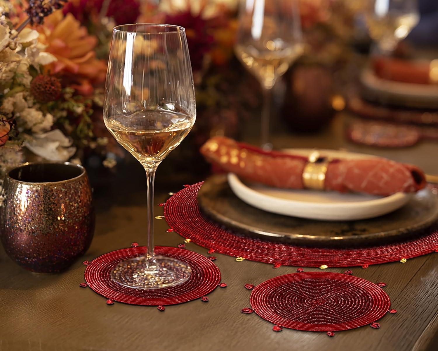 imageCOTTON CRAFT Glitz Beaded Coasters  Red Jingle Bells  Set of 8 Handmade Drinks Coasters  Bar Kitchen Party Tabletop Protection  Christmas Xmas Festive Dcor 4 inches RoundRed Bells