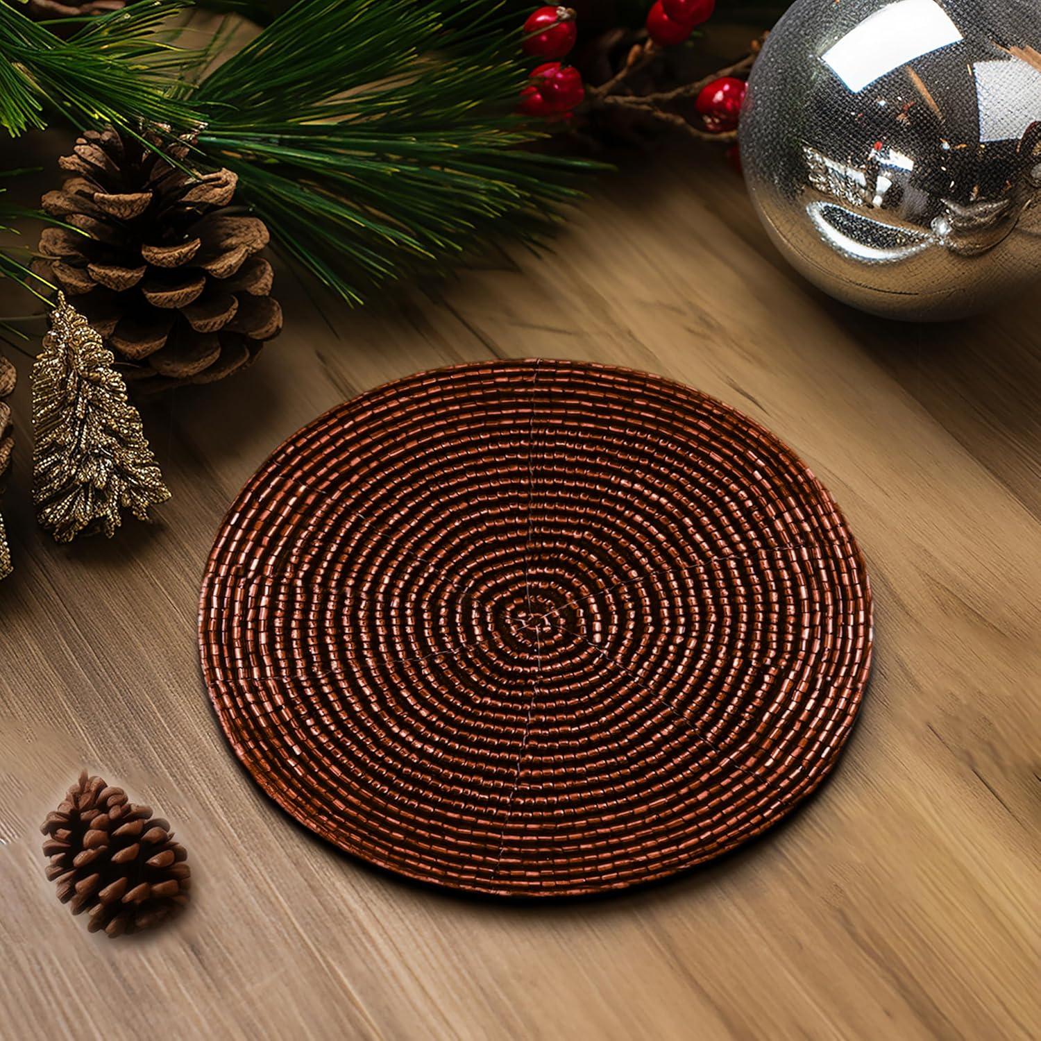 imageCOTTON CRAFT Glitz Beaded Coasters  Red Jingle Bells  Set of 8 Handmade Drinks Coasters  Bar Kitchen Party Tabletop Protection  Christmas Xmas Festive Dcor 4 inches RoundBrown