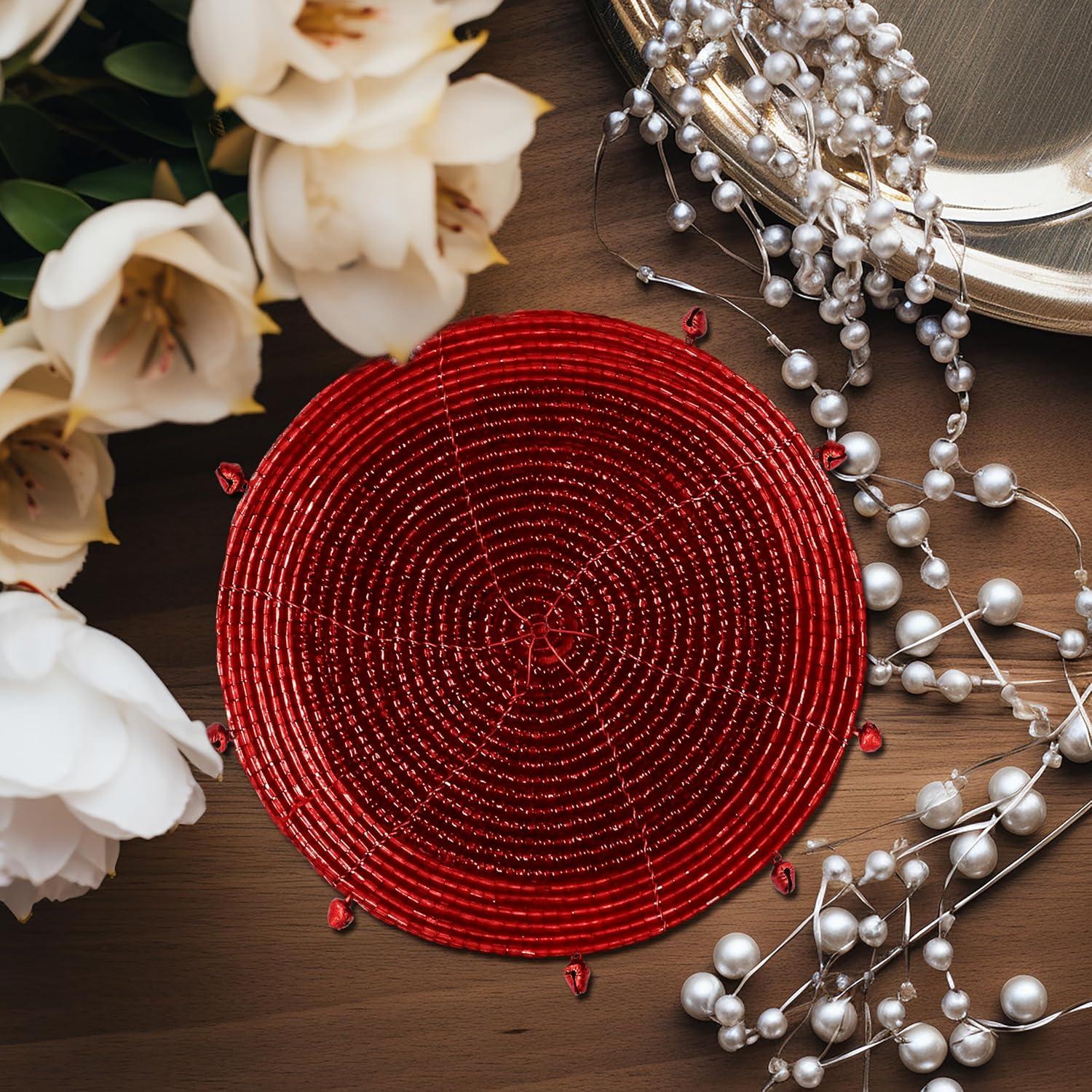 imageCOTTON CRAFT Glitz Beaded Coasters  Red Jingle Bells  Set of 8 Handmade Drinks Coasters  Bar Kitchen Party Tabletop Protection  Christmas Xmas Festive Dcor 4 inches RoundRed Bells