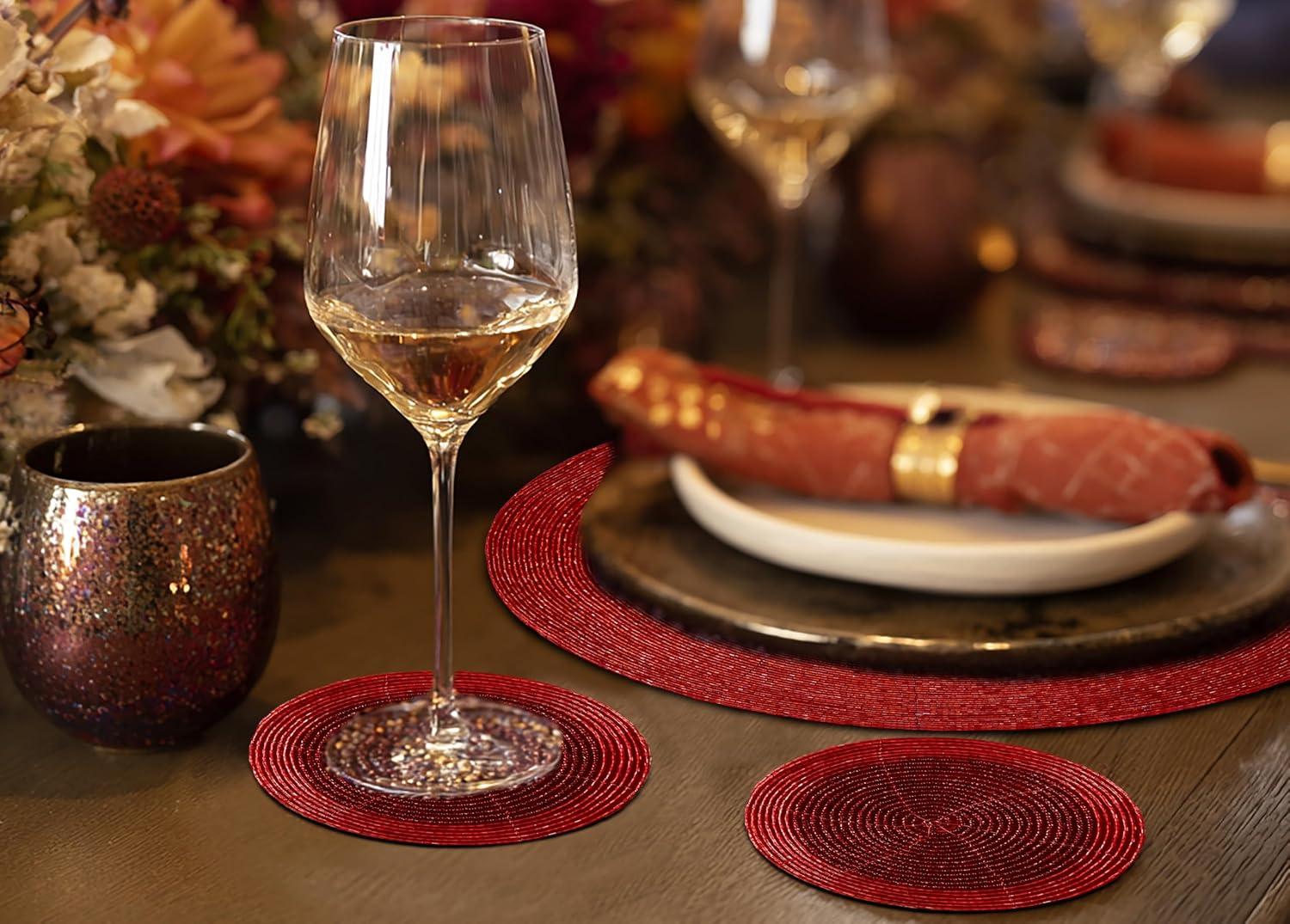 imageCOTTON CRAFT Glitz Beaded Coasters  Red Jingle Bells  Set of 8 Handmade Drinks Coasters  Bar Kitchen Party Tabletop Protection  Christmas Xmas Festive Dcor 4 inches RoundRed