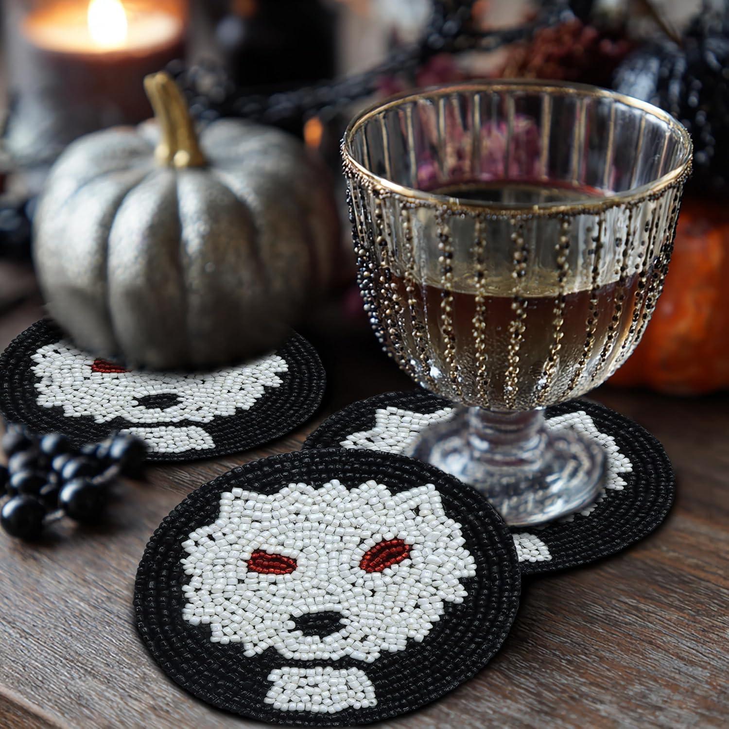 imageCOTTON CRAFT Glitz Beaded Coasters  Red Jingle Bells  Set of 8 Handmade Drinks Coasters  Bar Kitchen Party Tabletop Protection  Christmas Xmas Festive Dcor 4 inches RoundBlack White Ghoul