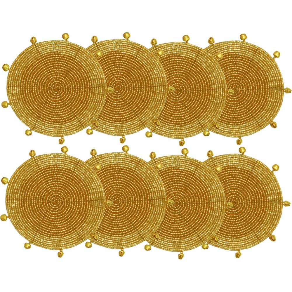 imageCOTTON CRAFT Glitz Beaded Coasters  Red Jingle Bells  Set of 8 Handmade Drinks Coasters  Bar Kitchen Party Tabletop Protection  Christmas Xmas Festive Dcor 4 inches RoundGold Bells