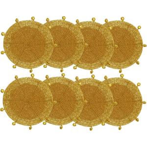 COTTON CRAFT Glitz Beaded Coasters – Red Jingle Bells – Set of 8 Handmade Drinks Coasters – Bar Kitchen Party Tabletop Protection – Christmas Xmas Festive Décor 4 inches Round(Gold Bells)