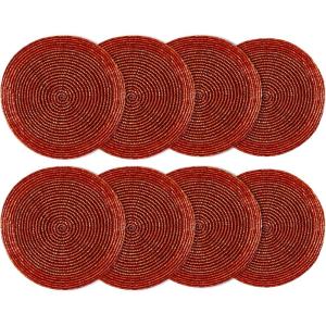 COTTON CRAFT Glitz Beaded Coasters – Red Jingle Bells – Set of 8 Handmade Drinks Coasters – Bar Kitchen Party Tabletop Protection – Christmas Xmas Festive Décor 4 inches Round(Rust)