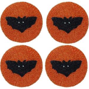 COTTON CRAFT Glitz Beaded Coasters – Red Jingle Bells – Set of 8 Handmade Drinks Coasters – Bar Kitchen Party Tabletop Protection – Christmas Xmas Festive Décor 4 inches Round(Orange Black Bat)