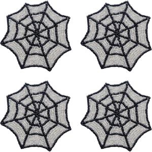 COTTON CRAFT Glitz Beaded Coasters – Red Jingle Bells – Set of 8 Handmade Drinks Coasters – Bar Kitchen Party Tabletop Protection – Christmas Xmas Festive Décor 4 inches Round(Black Silver Web)