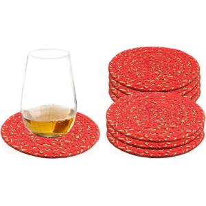 COTTON CRAFT Glitz Beaded Coasters – Red Jingle Bells – Set of 8 Handmade Drinks Coasters – Bar Kitchen Party Tabletop Protection – Christmas Xmas Festive Décor 4 inches Round(Red Gold)