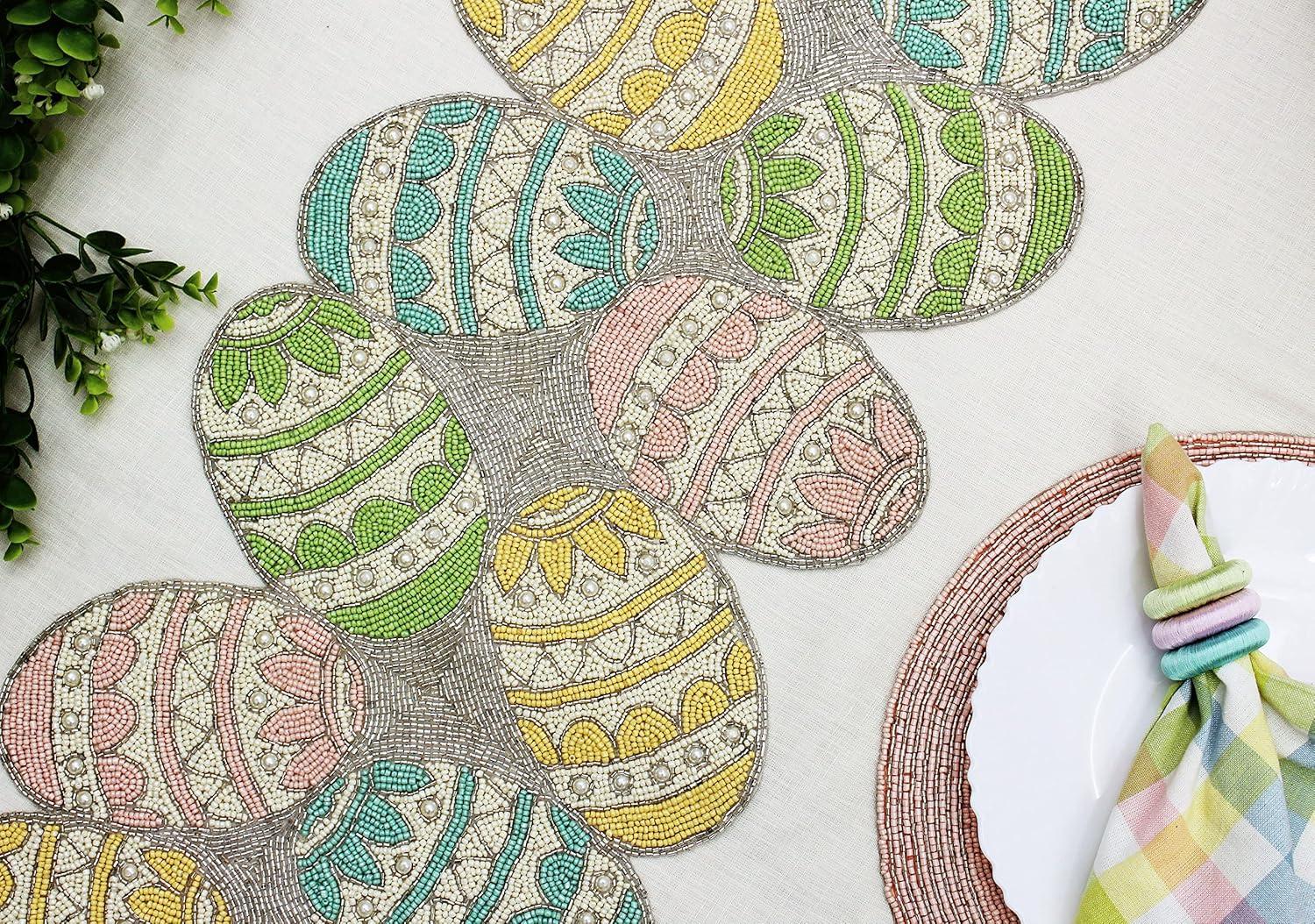 imageCOTTON CRAFT Happy Hunting Handmade Beaded Table Runner Spring Easter Eggs Bunny Rabbit Luncheon Dinner Celebration Festive Party Tabletop Dcor Tablerunner 13x36 Aqua Multi