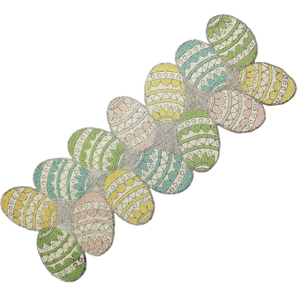 imageCOTTON CRAFT Happy Hunting Handmade Beaded Table Runner Spring Easter Eggs Bunny Rabbit Luncheon Dinner Celebration Festive Party Tabletop Dcor Tablerunner 13x36 Aqua Multi