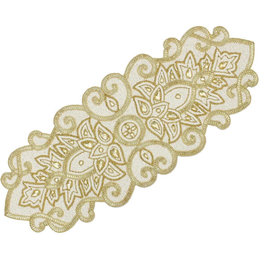 imageCOTTON CRAFT Mila Scroll Handmade Beaded Table Runner  Halloween Harvest Autumn Fall Thanksgiving Holiday Christmas Xmas Celebration Festive Party Tabletop Dcor Tablerunner  13x36 Ivory ampamp SilverGold