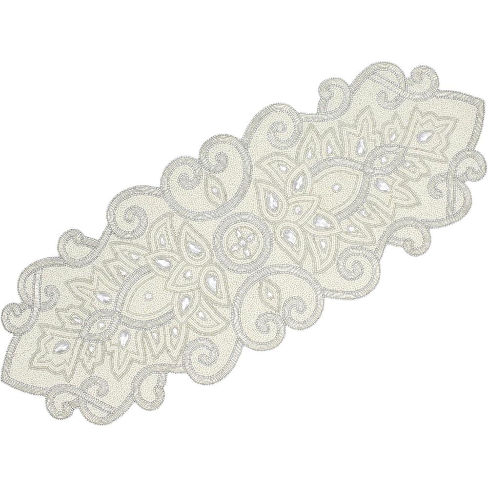 imageCOTTON CRAFT Mila Scroll Handmade Beaded Table Runner  Halloween Harvest Autumn Fall Thanksgiving Holiday Christmas Xmas Celebration Festive Party Tabletop Dcor Tablerunner  13x36 Ivory ampamp SilverSilver