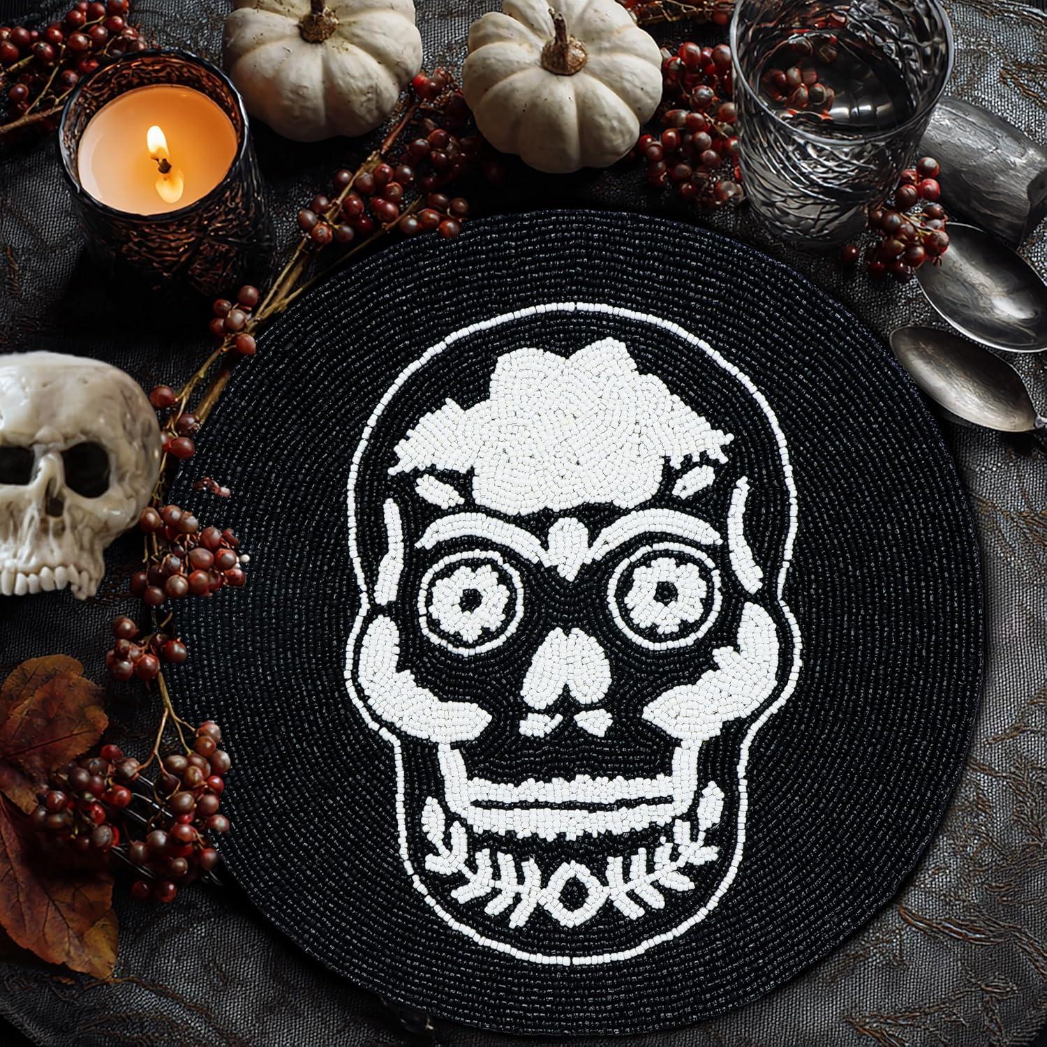 imageCOTTON CRAFT Glitz Beaded Charger Placemat  Red Jingle Bells  Set of 4 Handmade Table Mats  Christmas Xmas Dining Harvest Fall Holiday Celebration Festive Party Table Dcor  135 inches RoundBlack White  Skull