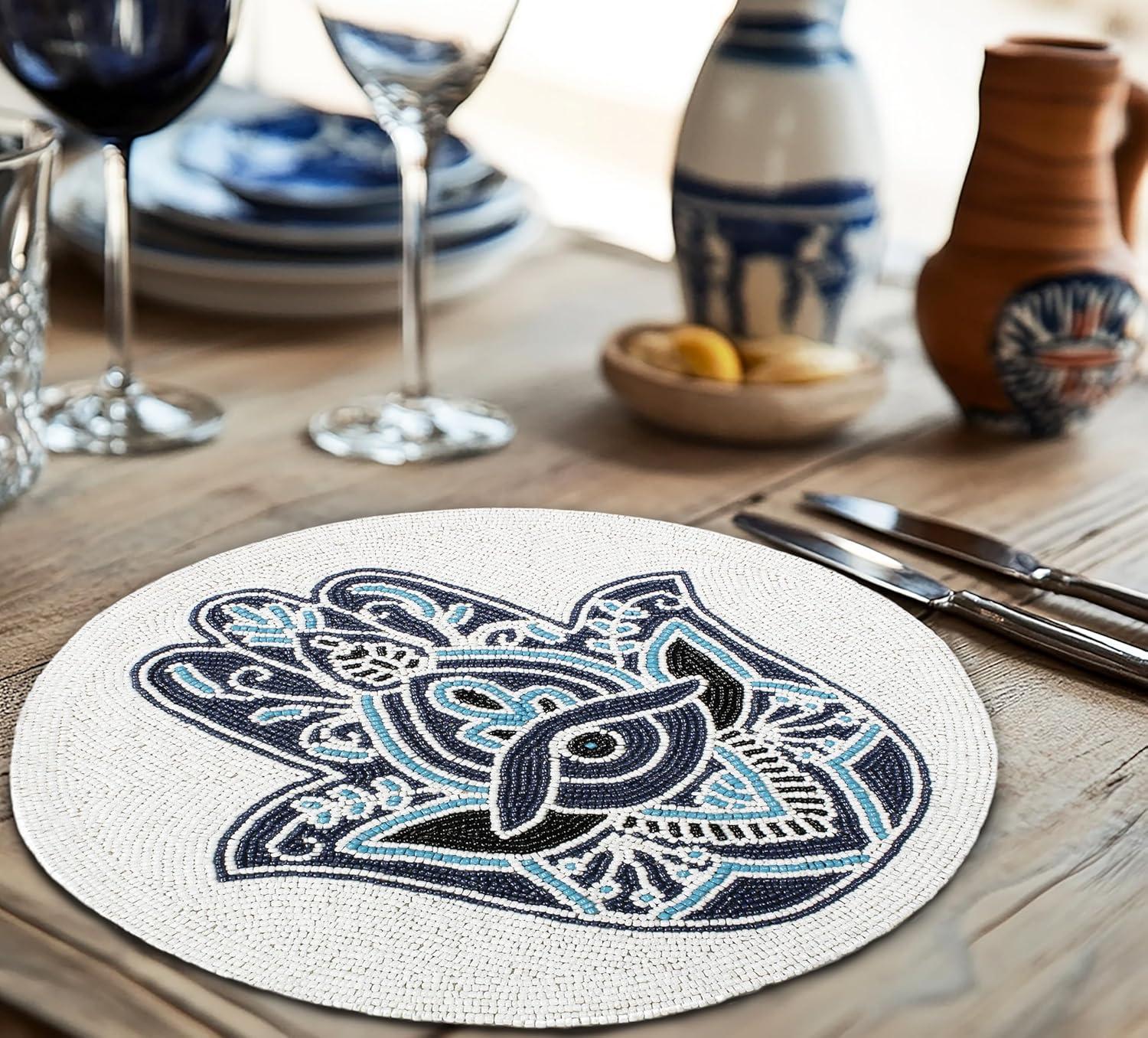 imageCOTTON CRAFT Glitz Beaded Charger Placemat  Red Jingle Bells  Set of 4 Handmade Table Mats  Christmas Xmas Dining Harvest Fall Holiday Celebration Festive Party Table Dcor  135 inches RoundBlue  Evil Eye Hamsa