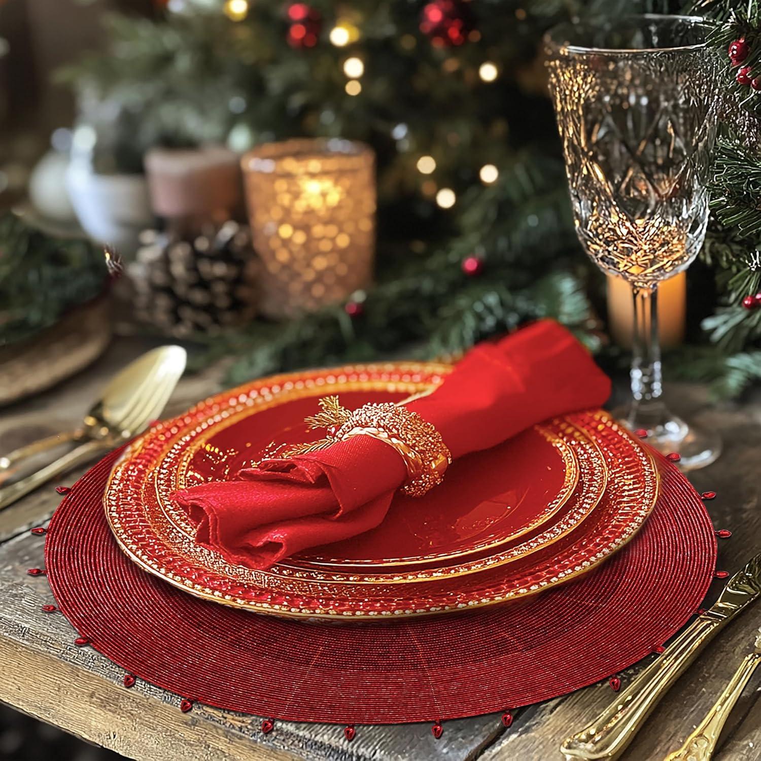 imageCOTTON CRAFT Glitz Beaded Charger Placemat  Red Jingle Bells  Set of 4 Handmade Table Mats  Christmas Xmas Dining Harvest Fall Holiday Celebration Festive Party Table Dcor  135 inches RoundRed Bells