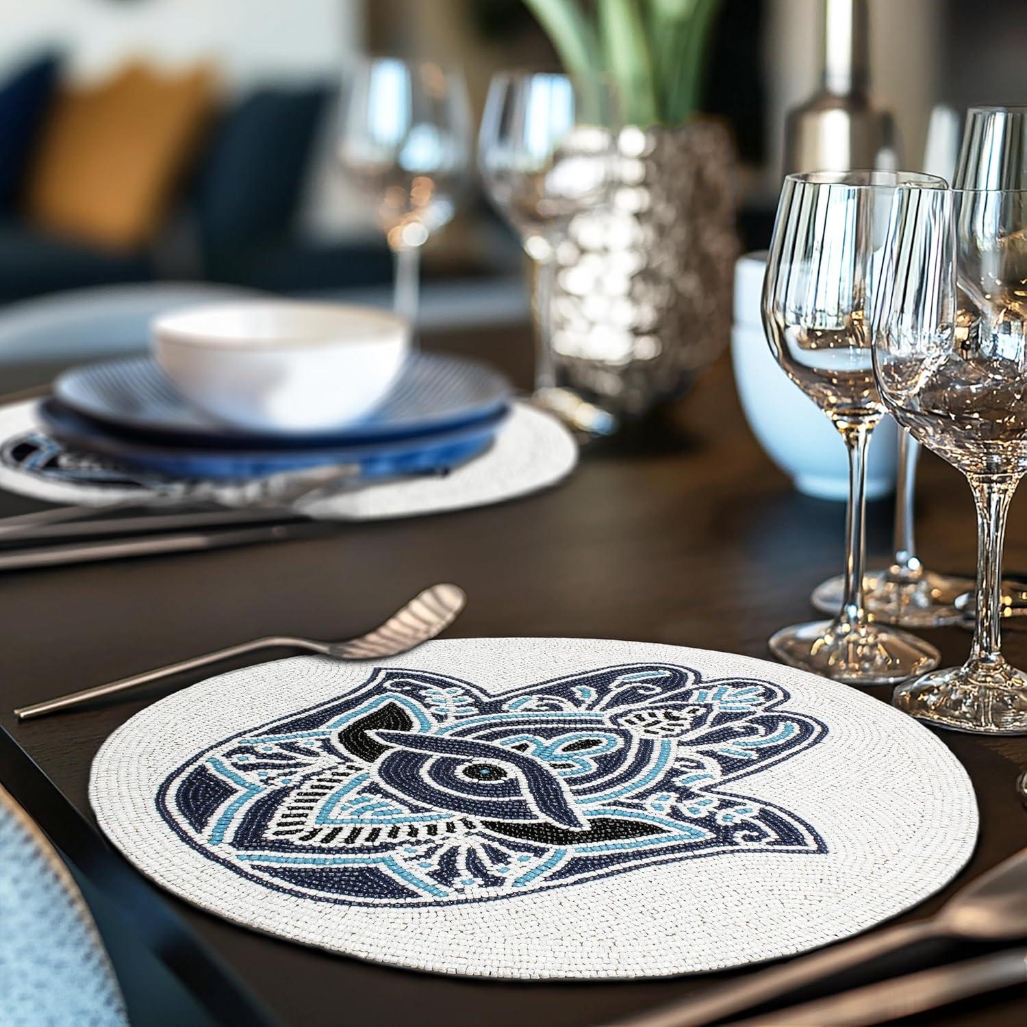 imageCOTTON CRAFT Glitz Beaded Charger Placemat  Red Jingle Bells  Set of 4 Handmade Table Mats  Christmas Xmas Dining Harvest Fall Holiday Celebration Festive Party Table Dcor  135 inches RoundBlue  Evil Eye Hamsa