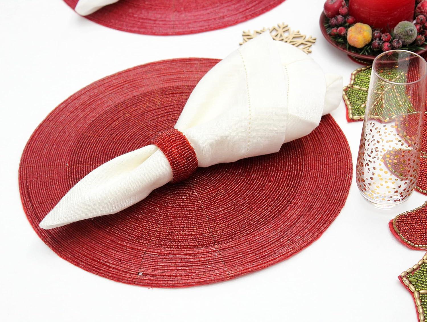 imageCOTTON CRAFT Glitz Beaded Charger Placemat  Red Jingle Bells  Set of 4 Handmade Table Mats  Christmas Xmas Dining Harvest Fall Holiday Celebration Festive Party Table Dcor  135 inches RoundRed