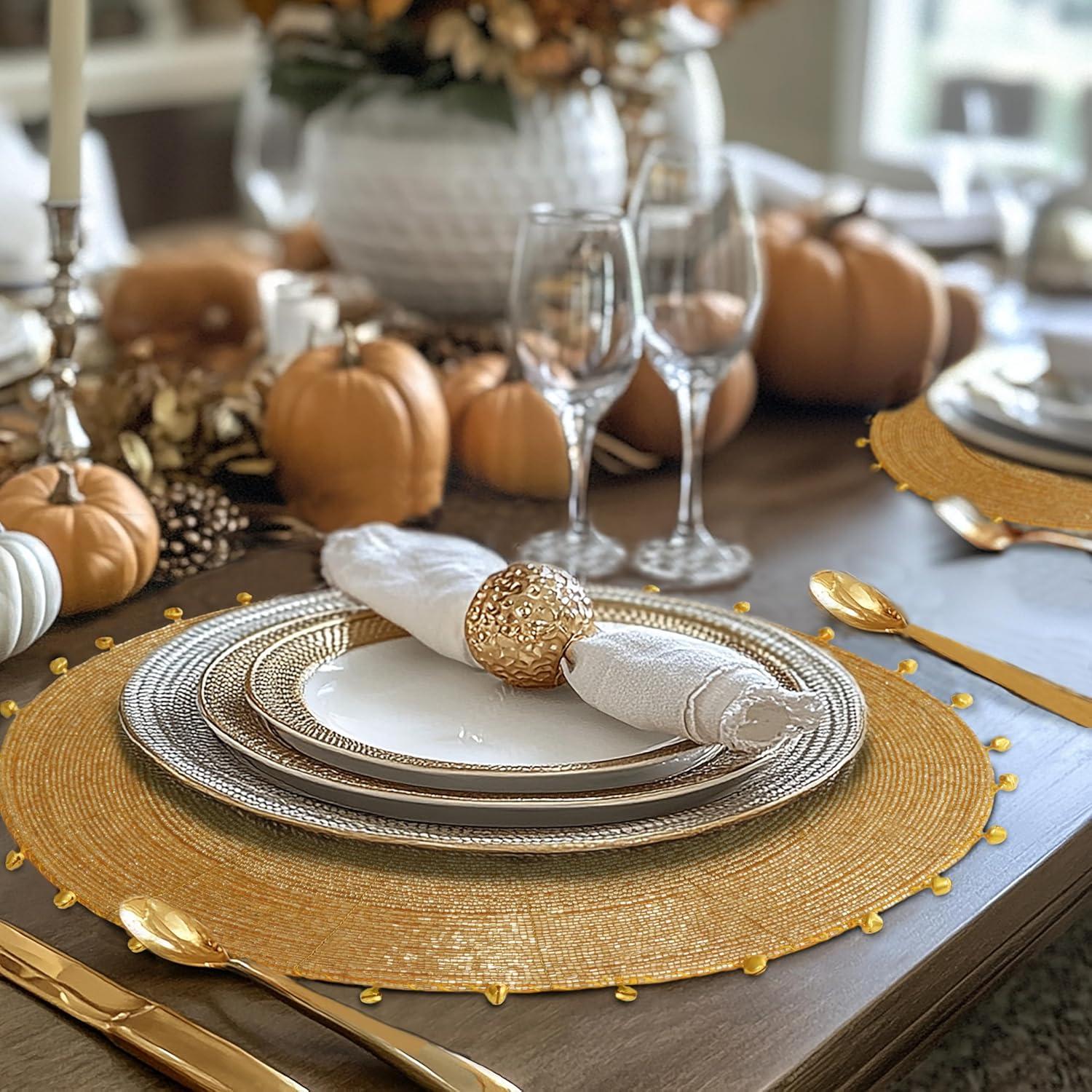 imageCOTTON CRAFT Glitz Beaded Charger Placemat  Red Jingle Bells  Set of 4 Handmade Table Mats  Christmas Xmas Dining Harvest Fall Holiday Celebration Festive Party Table Dcor  135 inches RoundGold Bells