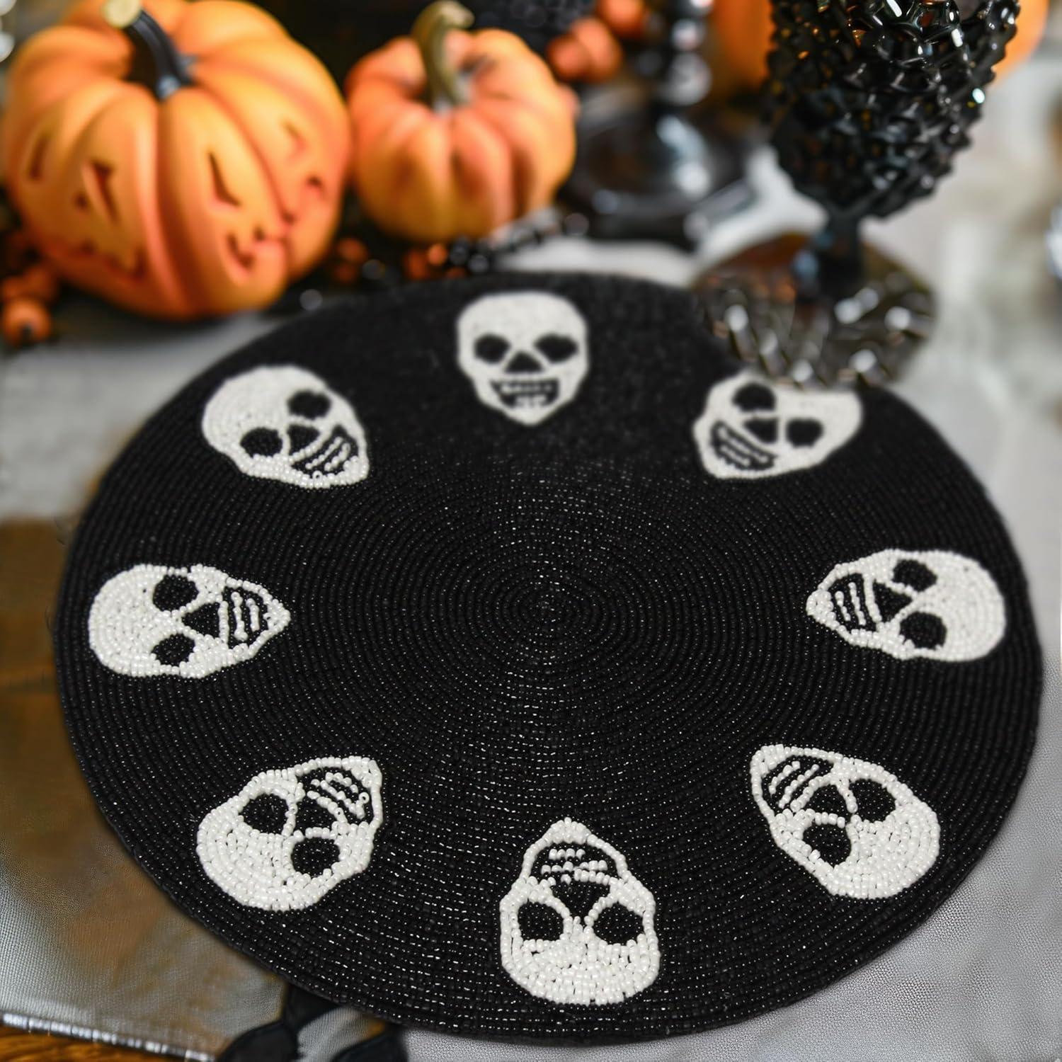 imageCOTTON CRAFT Glitz Beaded Charger Placemat  Red Jingle Bells  Set of 4 Handmade Table Mats  Christmas Xmas Dining Harvest Fall Holiday Celebration Festive Party Table Dcor  135 inches RoundBlack White