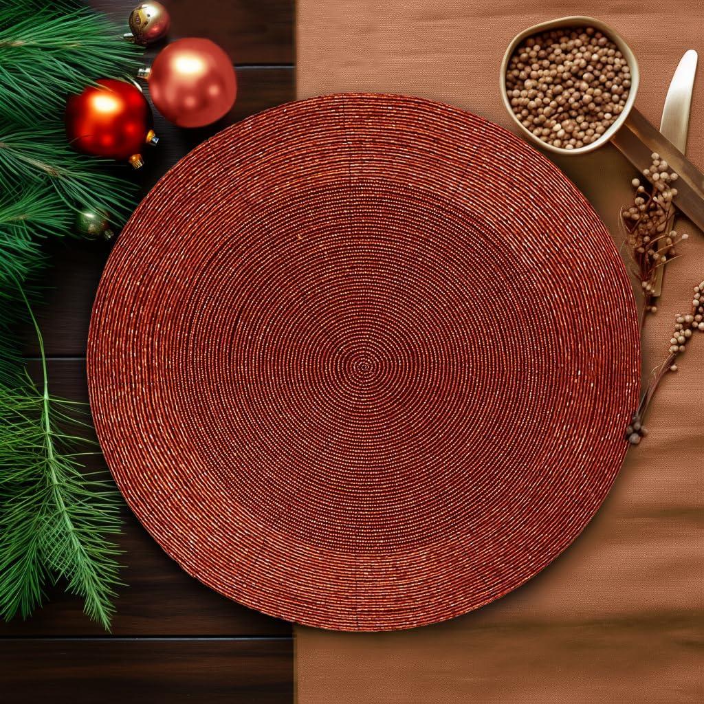 imageCOTTON CRAFT Glitz Beaded Charger Placemat  Red Jingle Bells  Set of 4 Handmade Table Mats  Christmas Xmas Dining Harvest Fall Holiday Celebration Festive Party Table Dcor  135 inches RoundRust
