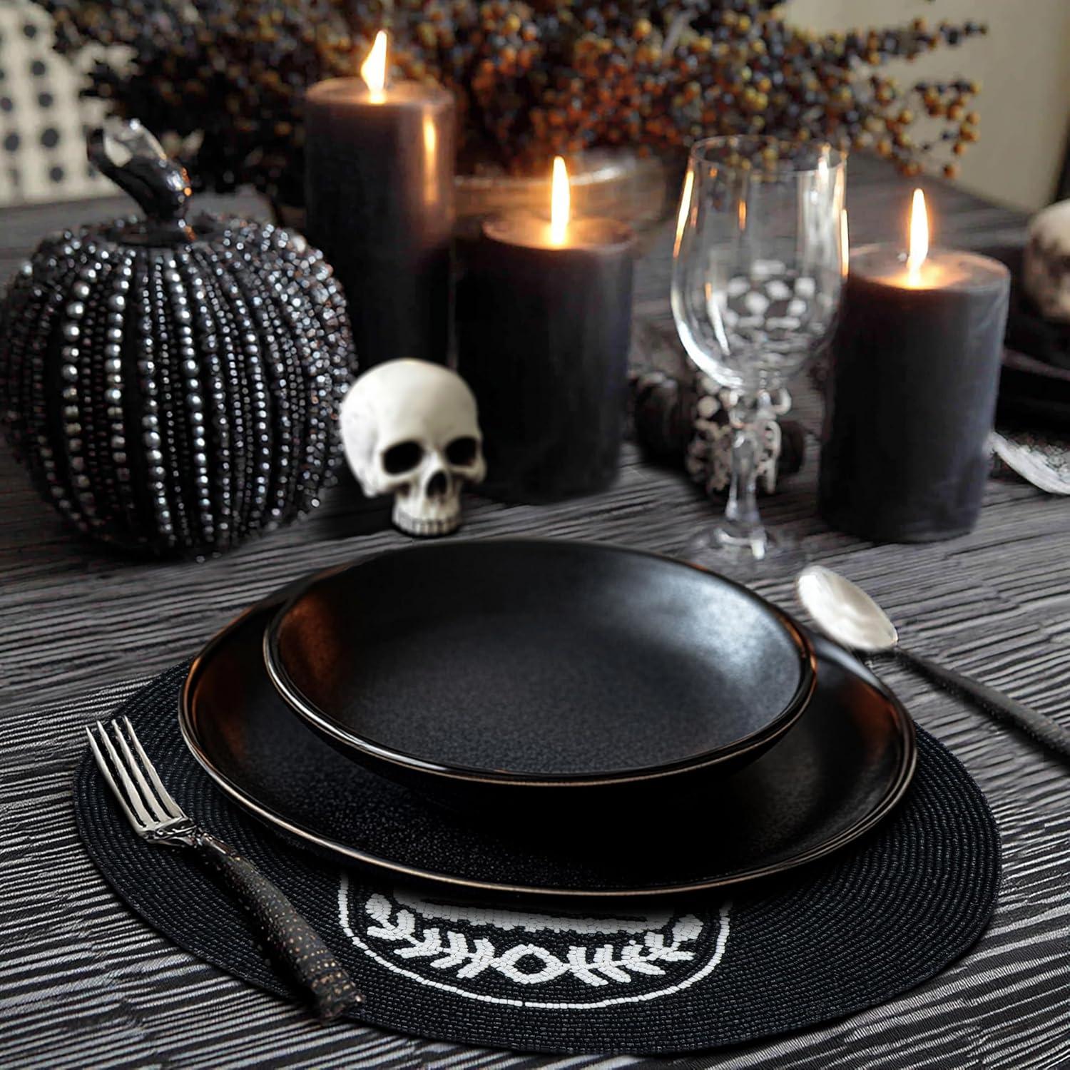 imageCOTTON CRAFT Glitz Beaded Charger Placemat  Red Jingle Bells  Set of 4 Handmade Table Mats  Christmas Xmas Dining Harvest Fall Holiday Celebration Festive Party Table Dcor  135 inches RoundBlack White  Skull