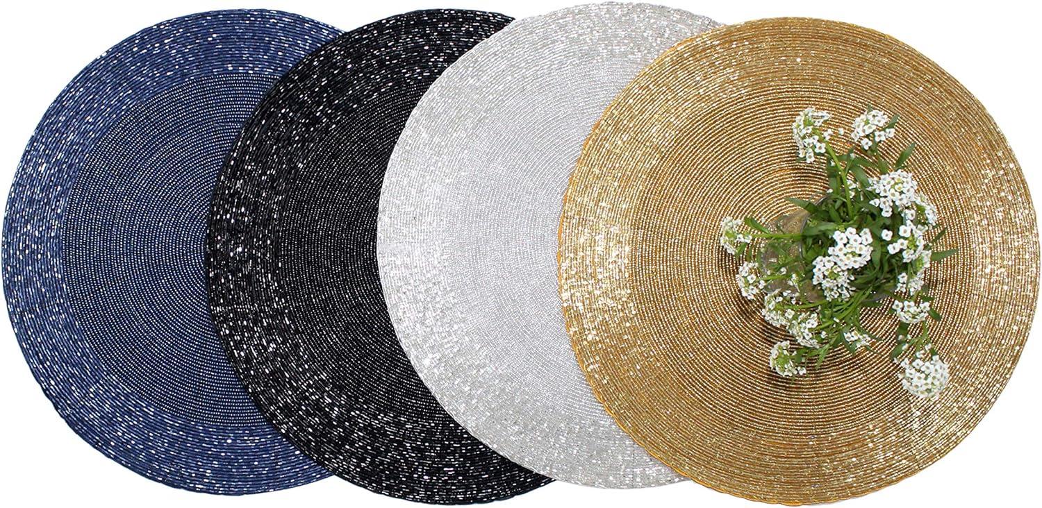 imageCOTTON CRAFT Glitz Beaded Charger Placemat  Red Jingle Bells  Set of 4 Handmade Table Mats  Christmas Xmas Dining Harvest Fall Holiday Celebration Festive Party Table Dcor  135 inches RoundNavy