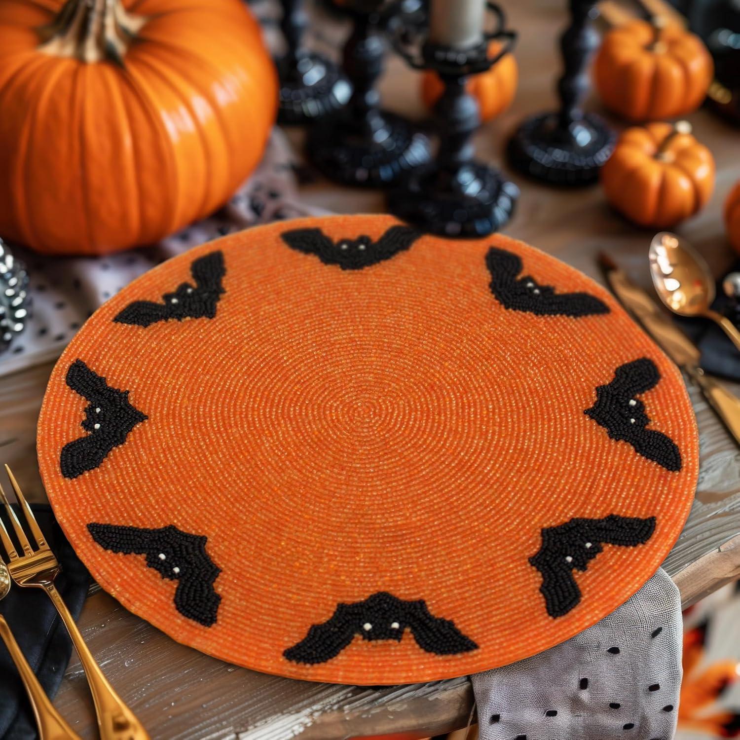 imageCOTTON CRAFT Glitz Beaded Charger Placemat  Red Jingle Bells  Set of 4 Handmade Table Mats  Christmas Xmas Dining Harvest Fall Holiday Celebration Festive Party Table Dcor  135 inches RoundOrange Black