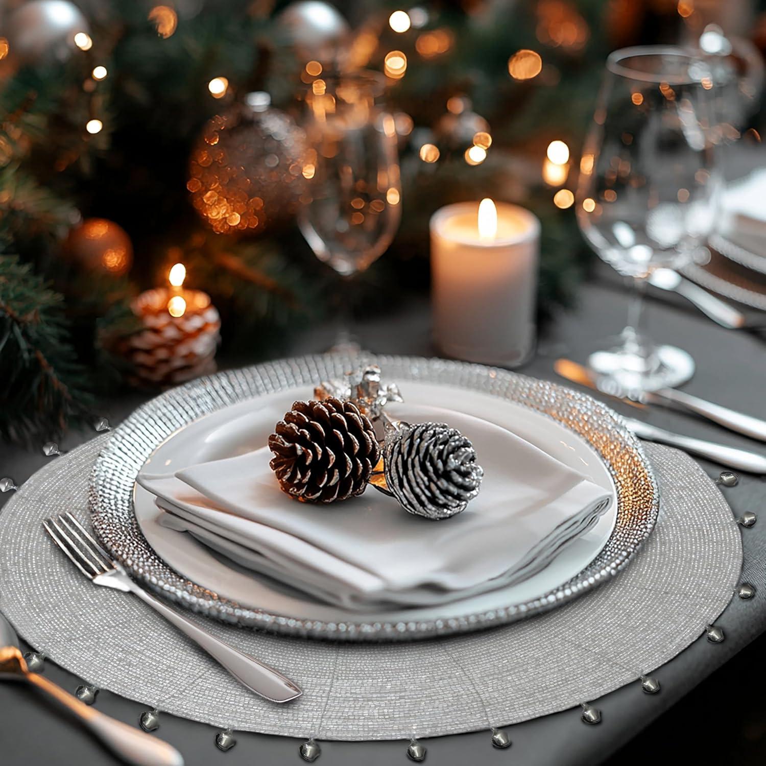 imageCOTTON CRAFT Glitz Beaded Charger Placemat  Red Jingle Bells  Set of 4 Handmade Table Mats  Christmas Xmas Dining Harvest Fall Holiday Celebration Festive Party Table Dcor  135 inches RoundSilver Bells