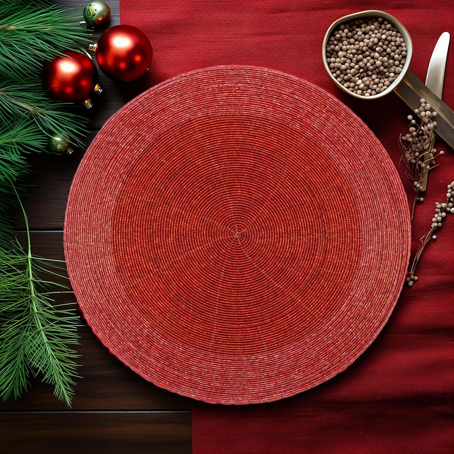 imageCOTTON CRAFT Glitz Beaded Charger Placemat  Red Jingle Bells  Set of 4 Handmade Table Mats  Christmas Xmas Dining Harvest Fall Holiday Celebration Festive Party Table Dcor  135 inches RoundRed