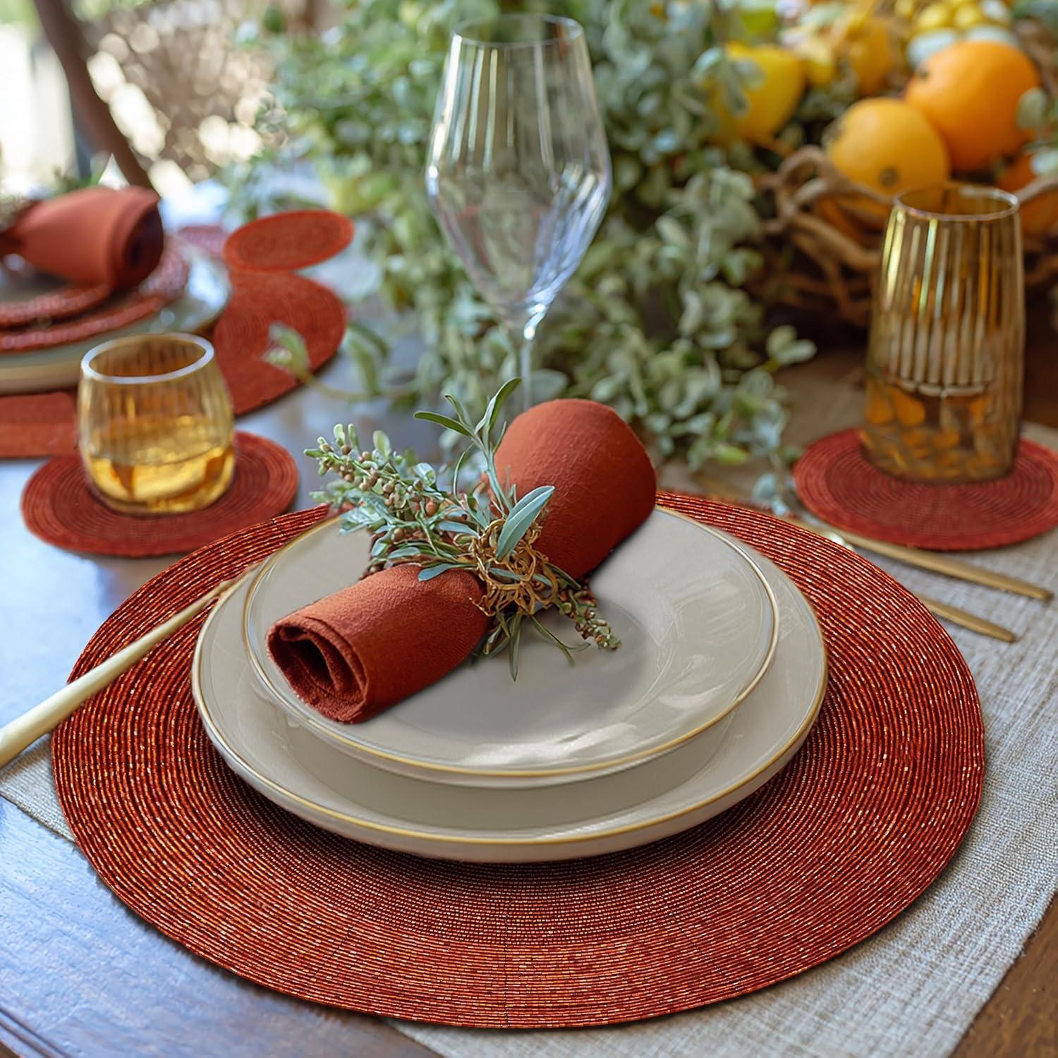 imageCOTTON CRAFT Glitz Beaded Charger Placemat  Red Jingle Bells  Set of 4 Handmade Table Mats  Christmas Xmas Dining Harvest Fall Holiday Celebration Festive Party Table Dcor  135 inches RoundRust