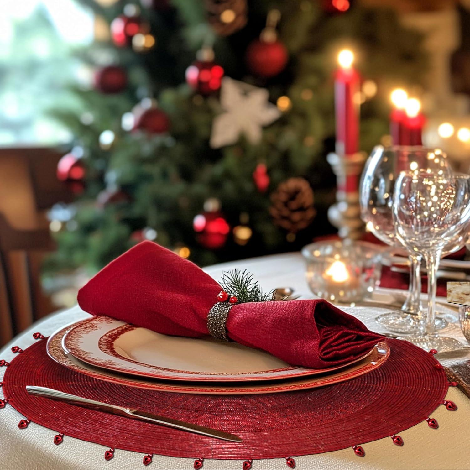 imageCOTTON CRAFT Glitz Beaded Charger Placemat  Red Jingle Bells  Set of 4 Handmade Table Mats  Christmas Xmas Dining Harvest Fall Holiday Celebration Festive Party Table Dcor  135 inches RoundRed Bells
