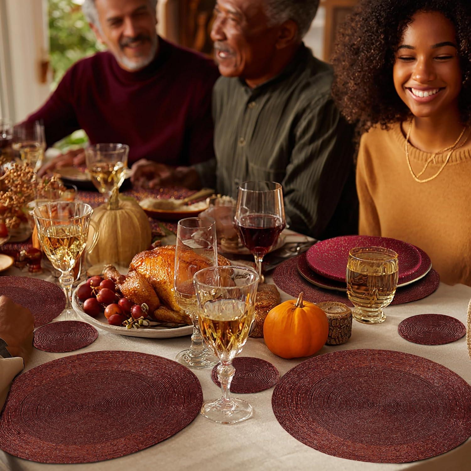 imageCOTTON CRAFT Glitz Beaded Charger Placemat  Red Jingle Bells  Set of 4 Handmade Table Mats  Christmas Xmas Dining Harvest Fall Holiday Celebration Festive Party Table Dcor  135 inches RoundBurgundy