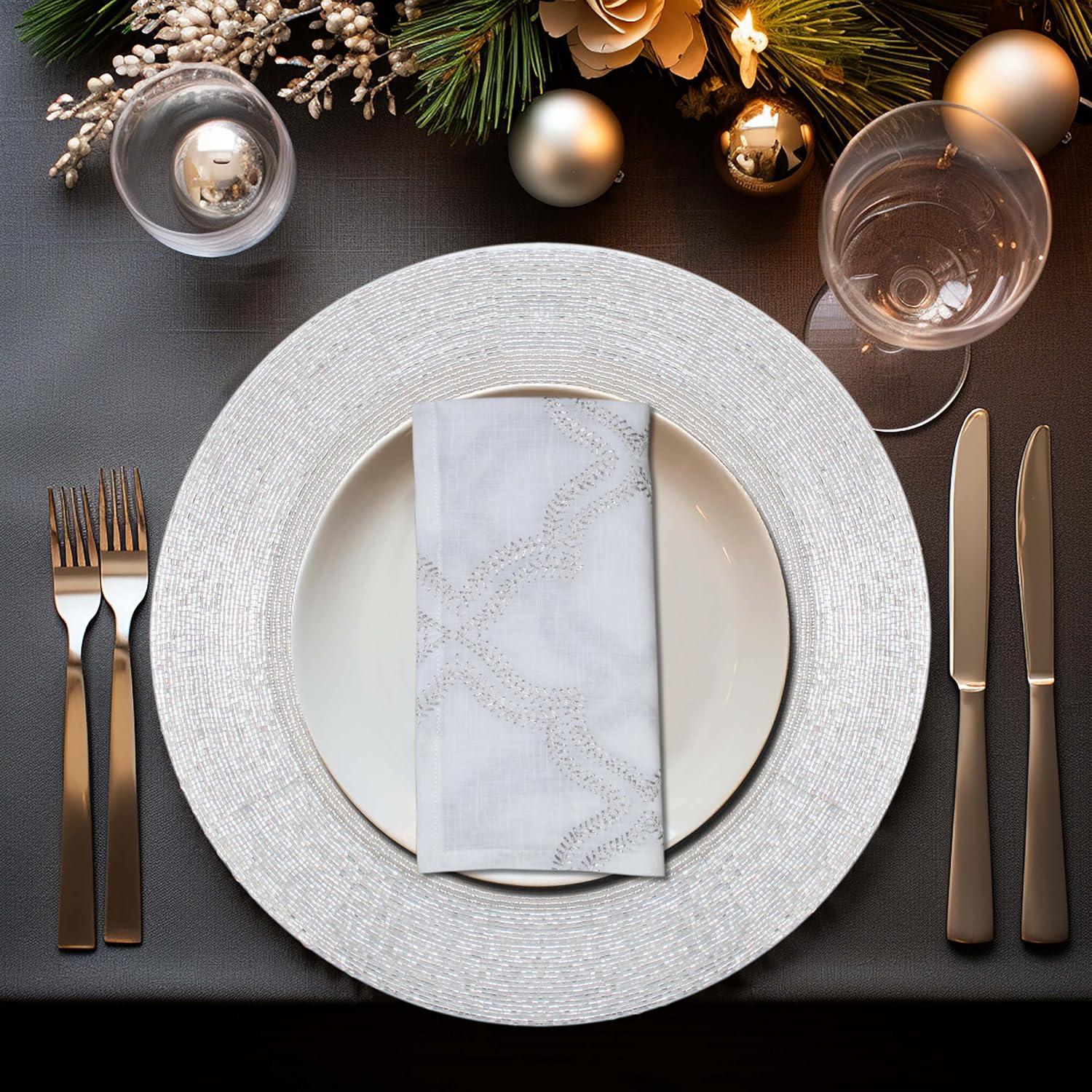 imageCOTTON CRAFT Glitz Beaded Charger Placemat  Red Jingle Bells  Set of 4 Handmade Table Mats  Christmas Xmas Dining Harvest Fall Holiday Celebration Festive Party Table Dcor  135 inches RoundSilver