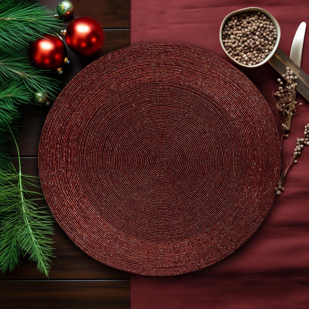 imageCOTTON CRAFT Glitz Beaded Charger Placemat  Red Jingle Bells  Set of 4 Handmade Table Mats  Christmas Xmas Dining Harvest Fall Holiday Celebration Festive Party Table Dcor  135 inches RoundBurgundy