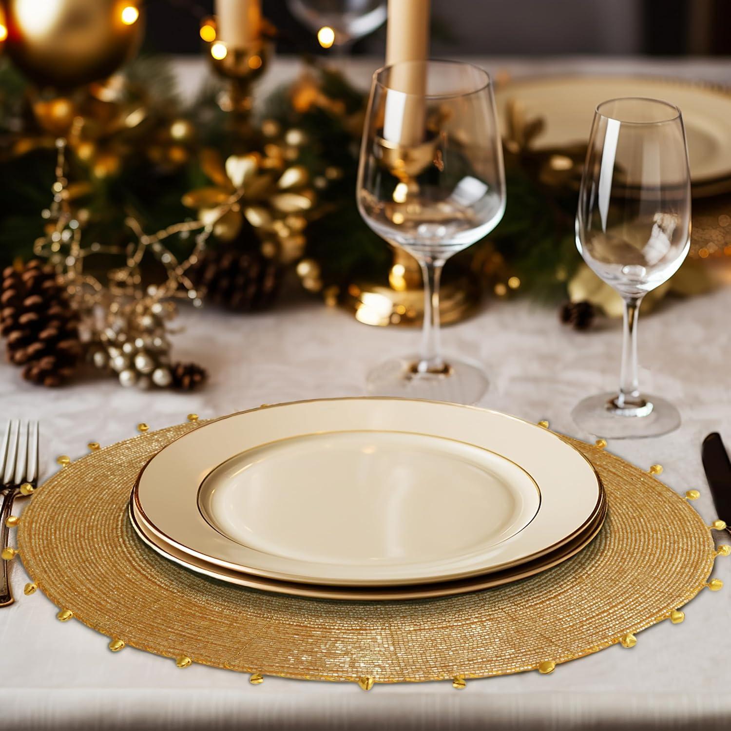 imageCOTTON CRAFT Glitz Beaded Charger Placemat  Red Jingle Bells  Set of 4 Handmade Table Mats  Christmas Xmas Dining Harvest Fall Holiday Celebration Festive Party Table Dcor  135 inches RoundGold Bells