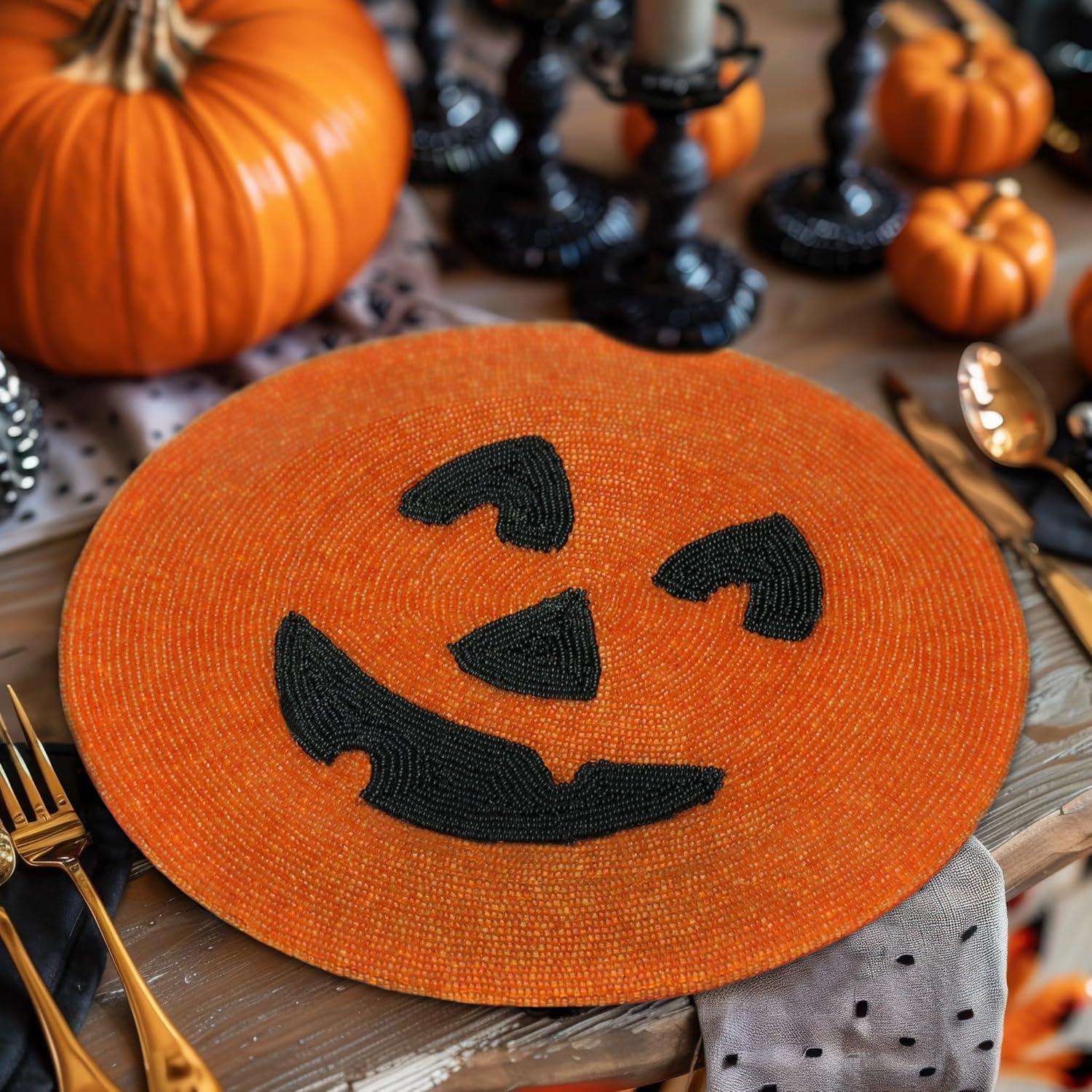 imageCOTTON CRAFT Glitz Beaded Charger Placemat  Red Jingle Bells  Set of 4 Handmade Table Mats  Christmas Xmas Dining Harvest Fall Holiday Celebration Festive Party Table Dcor  135 inches RoundPumpkin Orange