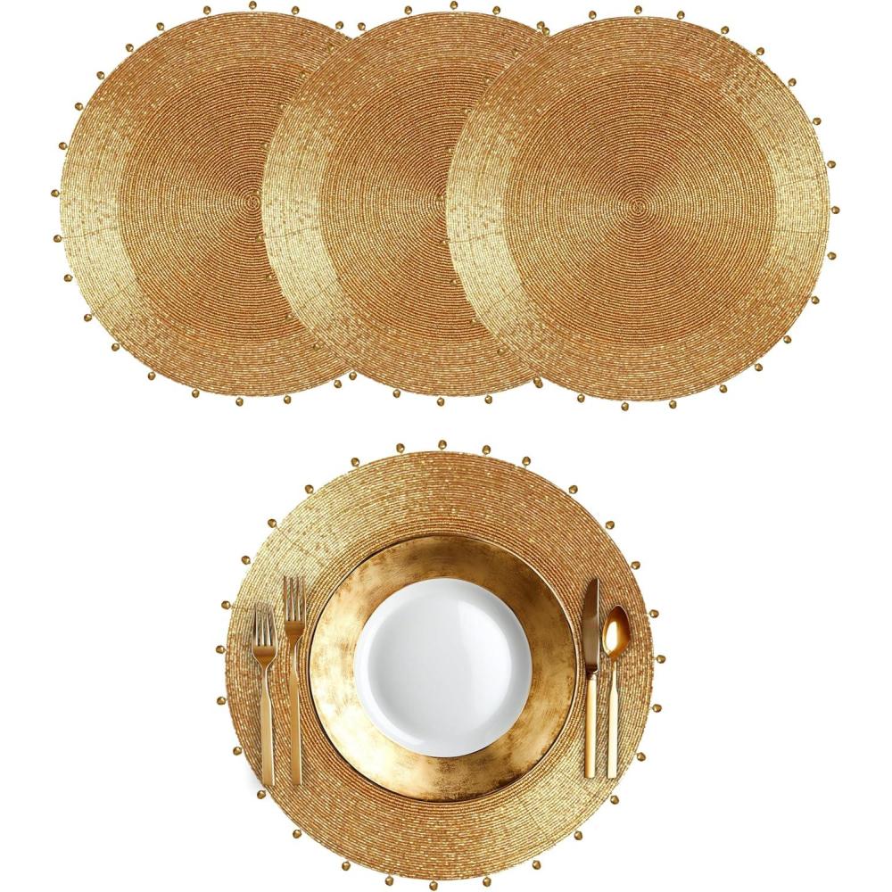 imageCOTTON CRAFT Glitz Beaded Charger Placemat  Red Jingle Bells  Set of 4 Handmade Table Mats  Christmas Xmas Dining Harvest Fall Holiday Celebration Festive Party Table Dcor  135 inches RoundGold Bells