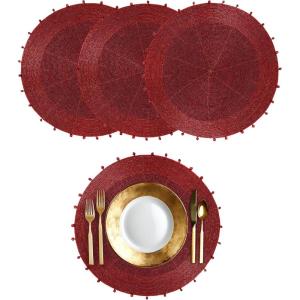 COTTON CRAFT Glitz Beaded Charger Placemat – Red Jingle Bells – Set of 4 Handmade Table Mats – Christmas Xmas Dining Harvest Fall Holiday Celebration Festive Party Table Décor – 13.5 inches Round(Red Bells)