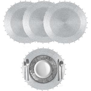 COTTON CRAFT Glitz Beaded Charger Placemat – Red Jingle Bells – Set of 4 Handmade Table Mats – Christmas Xmas Dining Harvest Fall Holiday Celebration Festive Party Table Décor – 13.5 inches Round(Silver Bells)