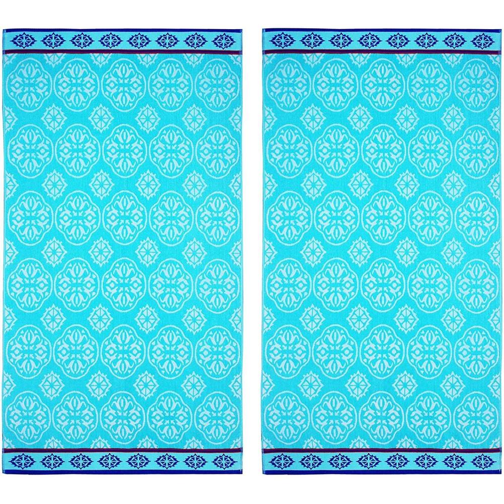imageCOTTON CRAFT Hooded Beach Towel  Oversized 39 x 68 Towel with Hood for Adults  100 Ringspun Cotton Velour Terry Towel  450 GSM  Super Soft Plush Absorbent Quick Dry Bath Wrap  Cabana Stripe BlueSummer Trellis Pool Blue